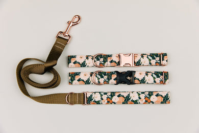 Charcoal Floral Print Dog Collar w/ Rose Gold Buckle